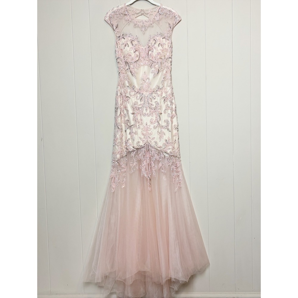 Alyce Paris Pink Beaded Sequin Illusion Mermaid Gown Formal Maxi Dress Prom 4